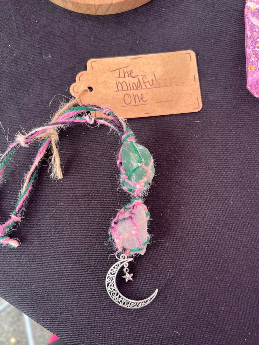 Pink & Green Rearview Mirror Car Charm with Crescent Charm